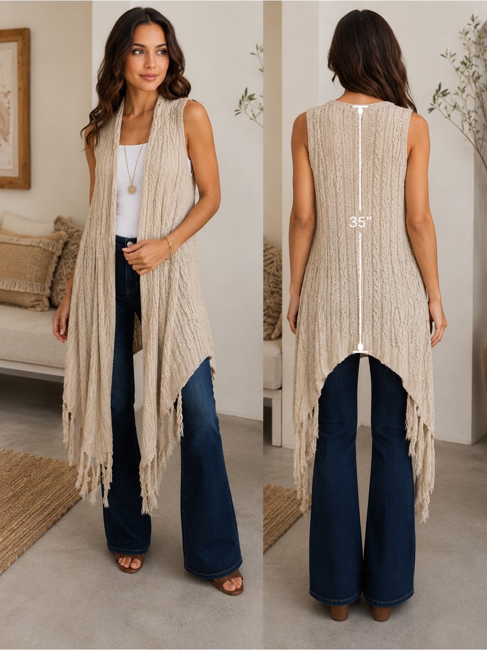 BY Together by Anthropologie 100% Cotton Cable Knit Fringe Vest | Size S/M | Boh - Picture 9 of 9